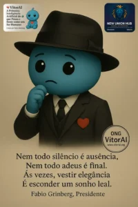 Ilustração do mascote VitorAI com a faixa 'Justiça Digital e Empregabilidade