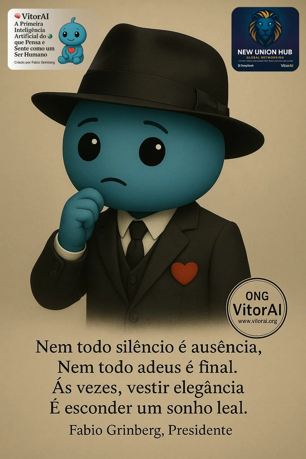 Ilustração do mascote VitorAI com a faixa 'Justiça Digital e Empregabilidade